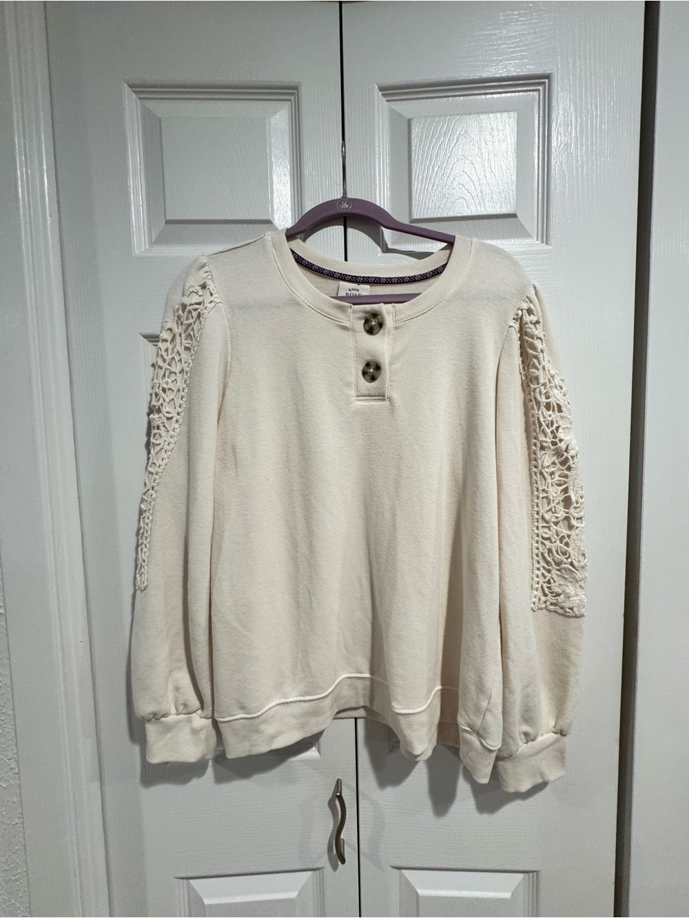 Knox Rose Cream Crochet-Trim Henley Sweatshirt